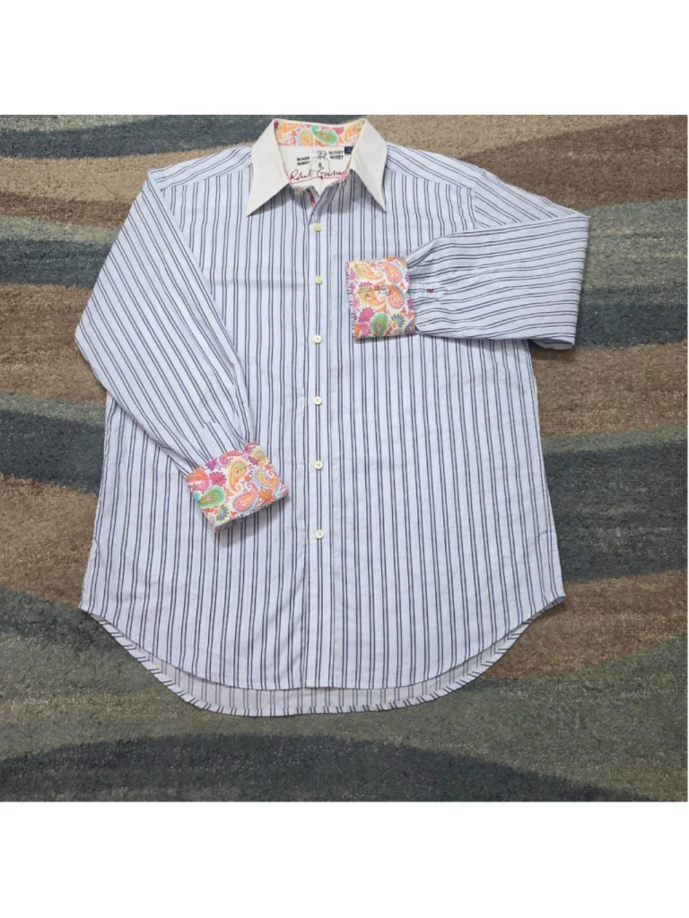 Robert Graham Striped Button Up Shirt Men’s Large Paisley Flip Cuff Blue Money